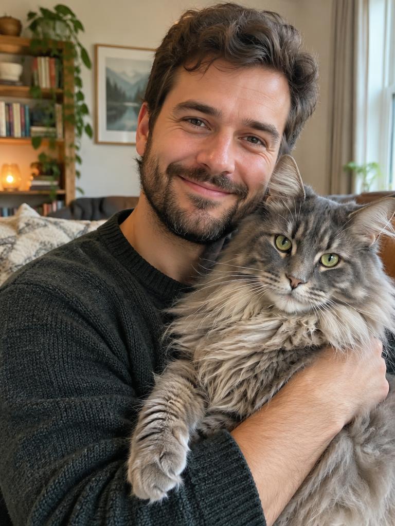 Theo with their cat Biscuit